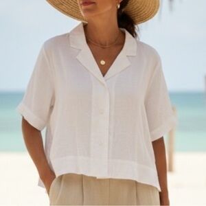 QUINCE White Button Up 100% Organic European Linen Short Sleeve Boxy size XL